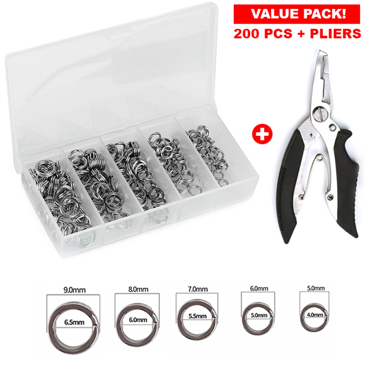Pack of 201pcs Fishing Stainless Steel Split Rings 5 Sizes and Plier Set,  Split Ring Capable of withstanding Large tensile Force and Fishing Plier  Tool Kit for Saltwater Fishing Lure Connectors 